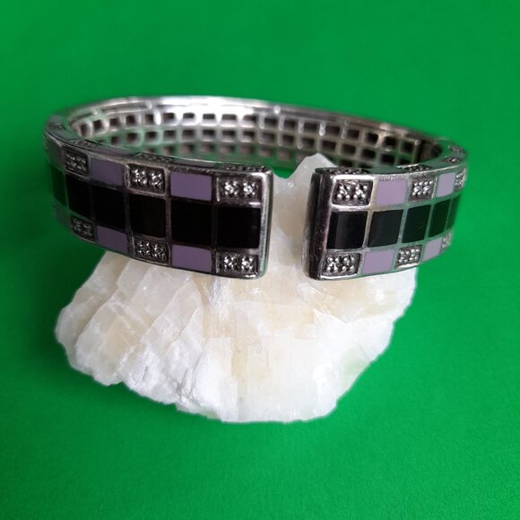 Silver 925 JPI Bracelet Hinged Clamper Bangle Purple Black Textured - Picture 1 of 14